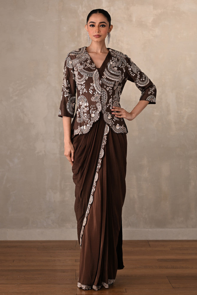 Smoky Crepe Drape Saree With Embroidered Jacket