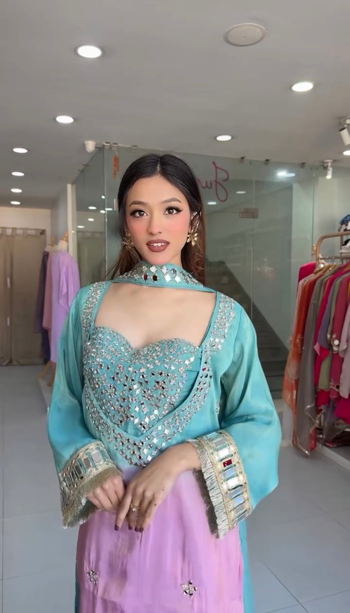 Festive Wear Chinon MirrorGlow Palazzo Suit Ensemble