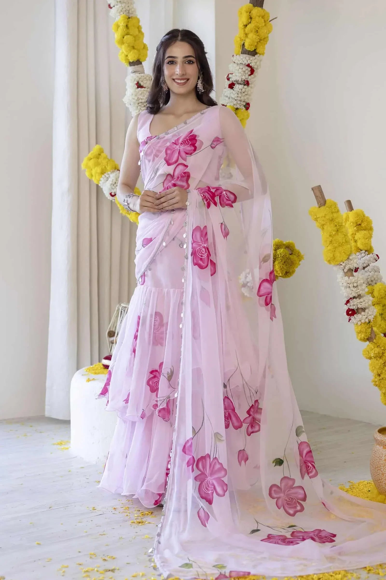 Pink Pre-Draped Saree