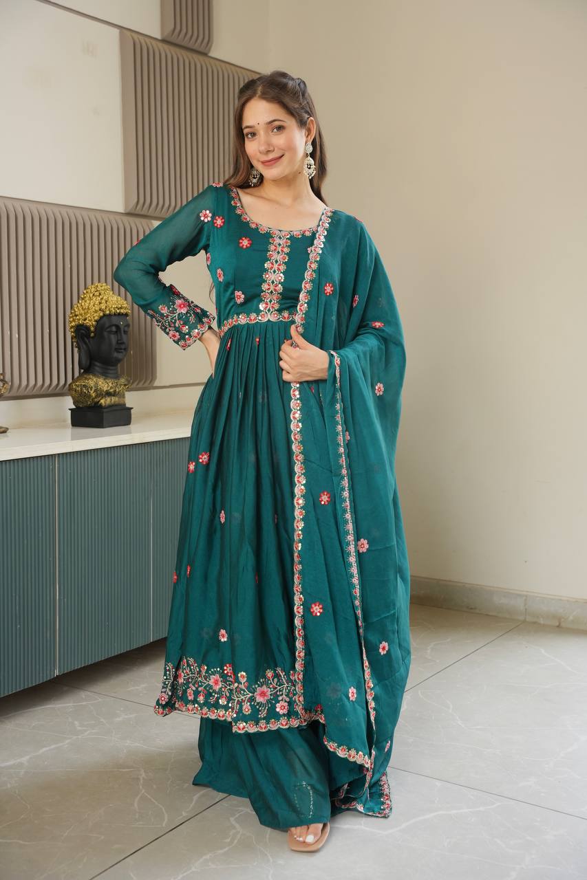 Designer Party Wear Look Collection Green Colour Gown