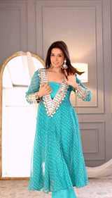 Letest New bollywood Style Trending Mirror Work Printed Kurti Pent With Blouse