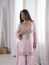 Premium Chinon 4 Piece Sharara Suit Set With Mirror, Diamond & Moti Work
