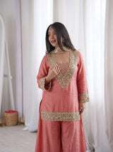 Premium Chinon 4 Piece Sharara Suit Set With Mirror, Diamond & Moti Work
