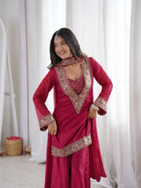 Premium Chinon 4 Piece Sharara Suit Set With Mirror, Diamond & Moti Work