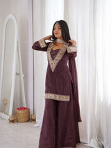 Premium Chinon 4 Piece Sharara Suit Set With Mirror, Diamond & Moti Work