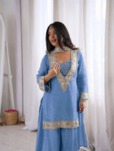 Premium Chinon 4 Piece Sharara Suit Set With Mirror, Diamond & Moti Work