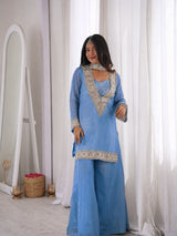 Premium Chinon 4 Piece Sharara Suit Set With Mirror, Diamond & Moti Work