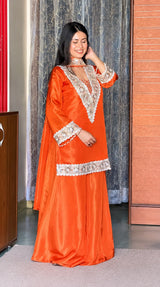 Premium Chinon 4 Piece Sharara Suit Set With Mirror, Diamond & Moti Work