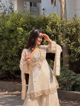 Premium Chinon 4 Piece Sharara Suit Set With Mirror, Diamond & Moti Work