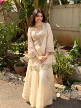Premium Chinon 4 Piece Sharara Suit Set With Mirror, Diamond & Moti Work