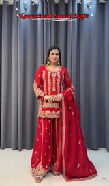 Karwa chauth Red & Rani Colour Designer Party Wear Look Collection Plazzo Top Set