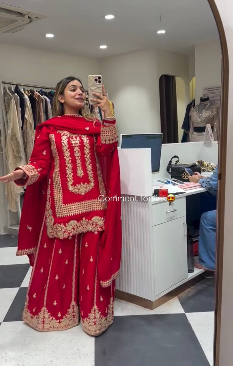 Karwa chauth Red & Rani Colour Designer Party Wear Look Collection Plazzo Top Set