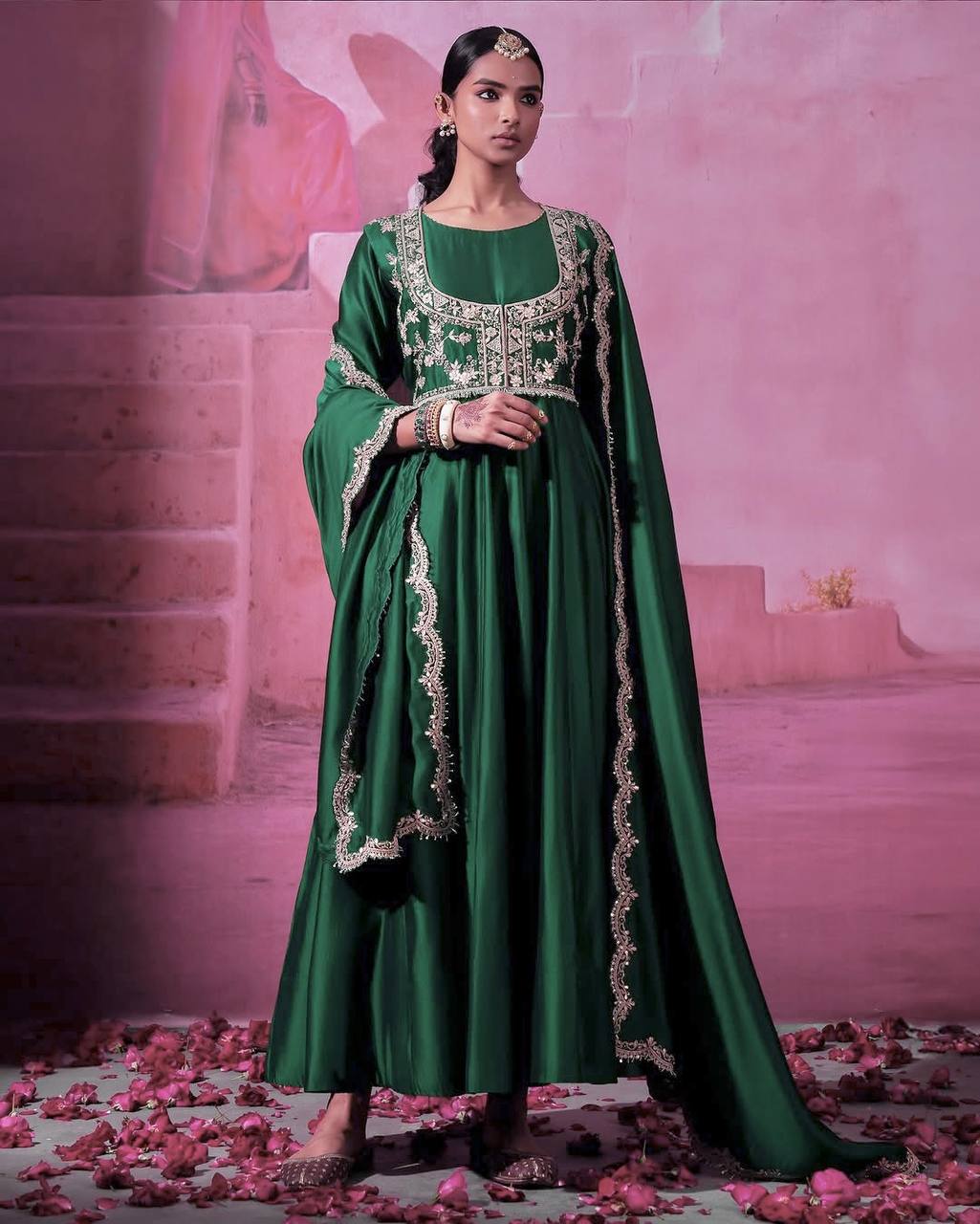 Designer Party Wear Look Collection Green Colour Gown