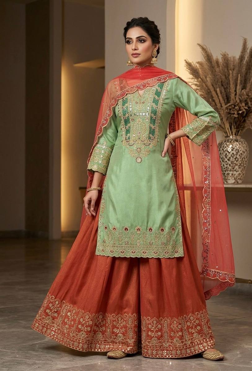 Letest new Bollywood Style plazzo Set With Top Pista Colour