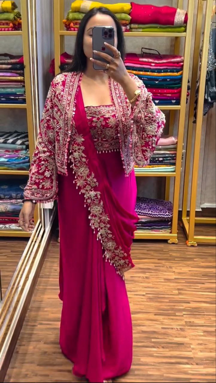 New Super Trending Embroidery cording work ready to wear saree with full koti