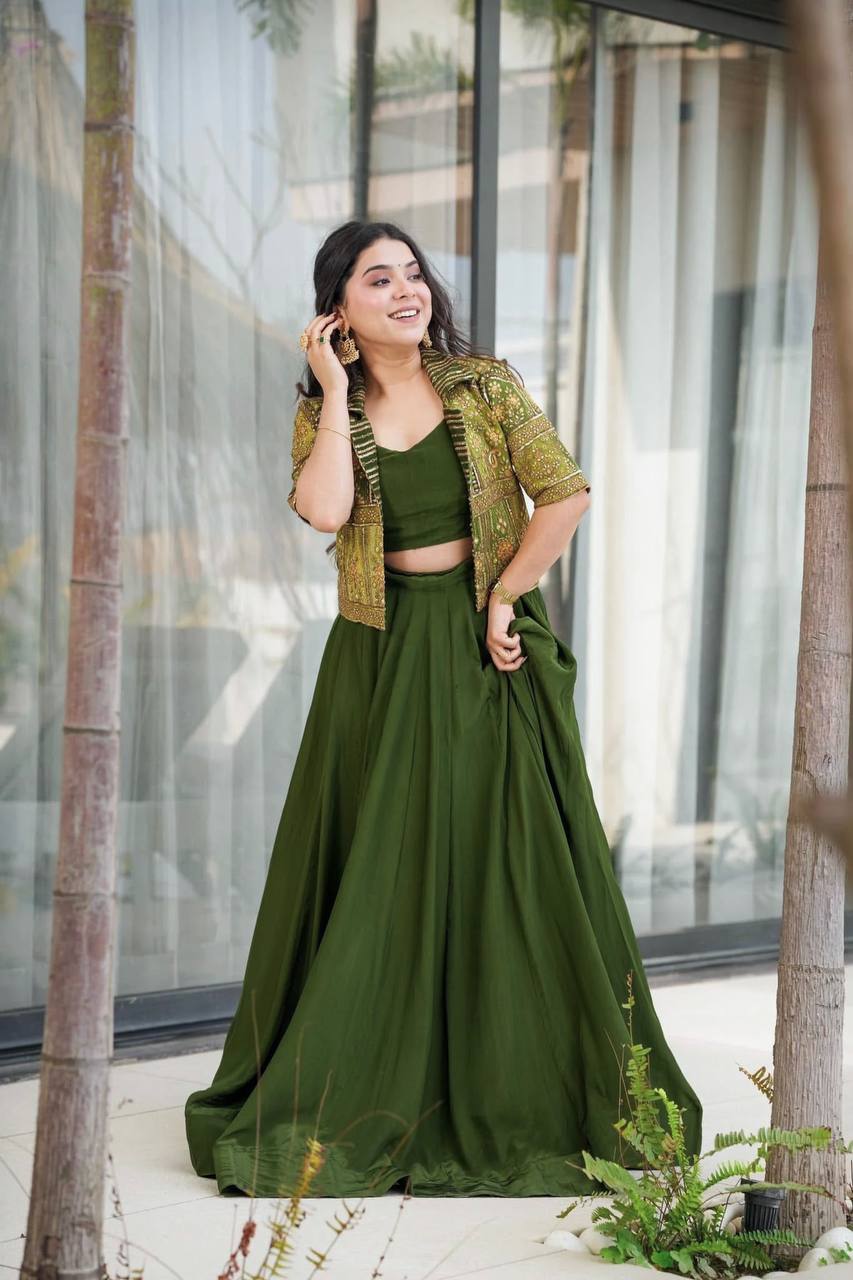 Designer 3 Pis Party Wear Look lehenga Koti Collection Mahendi Colour