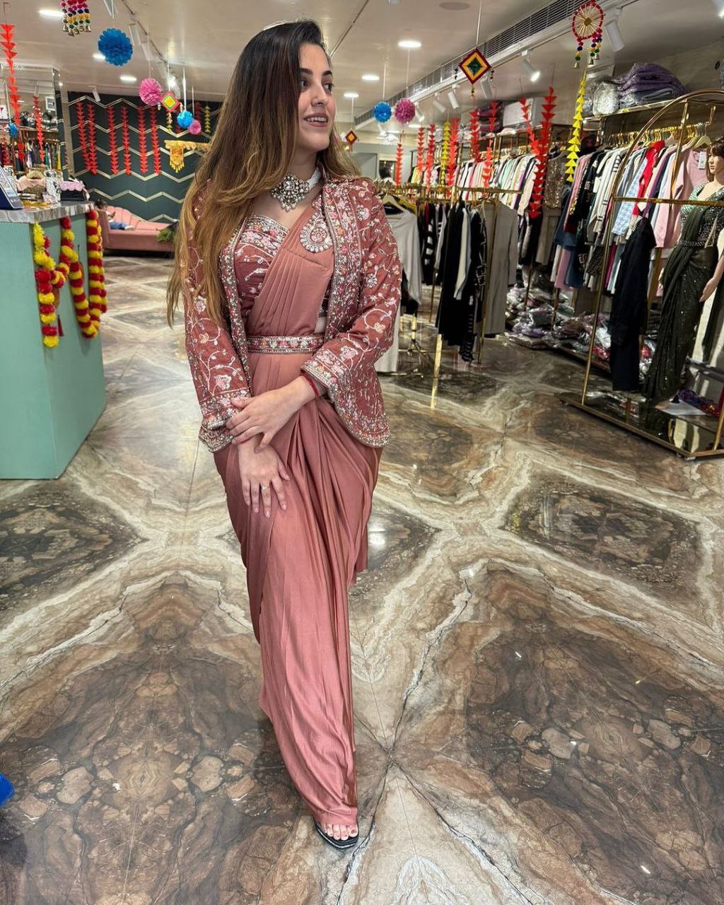 New Super Trending Embroidery Sequence work ready to wear saree with full koti