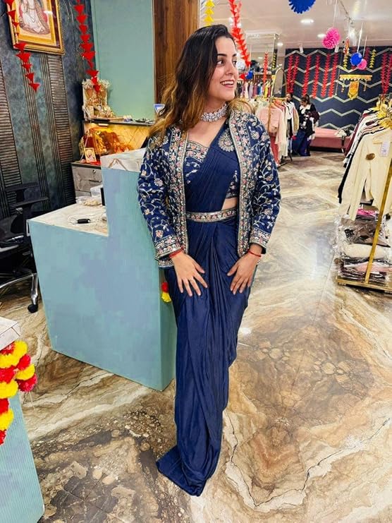 New Super Trending Embroidery Sequence work ready to wear saree with full koti