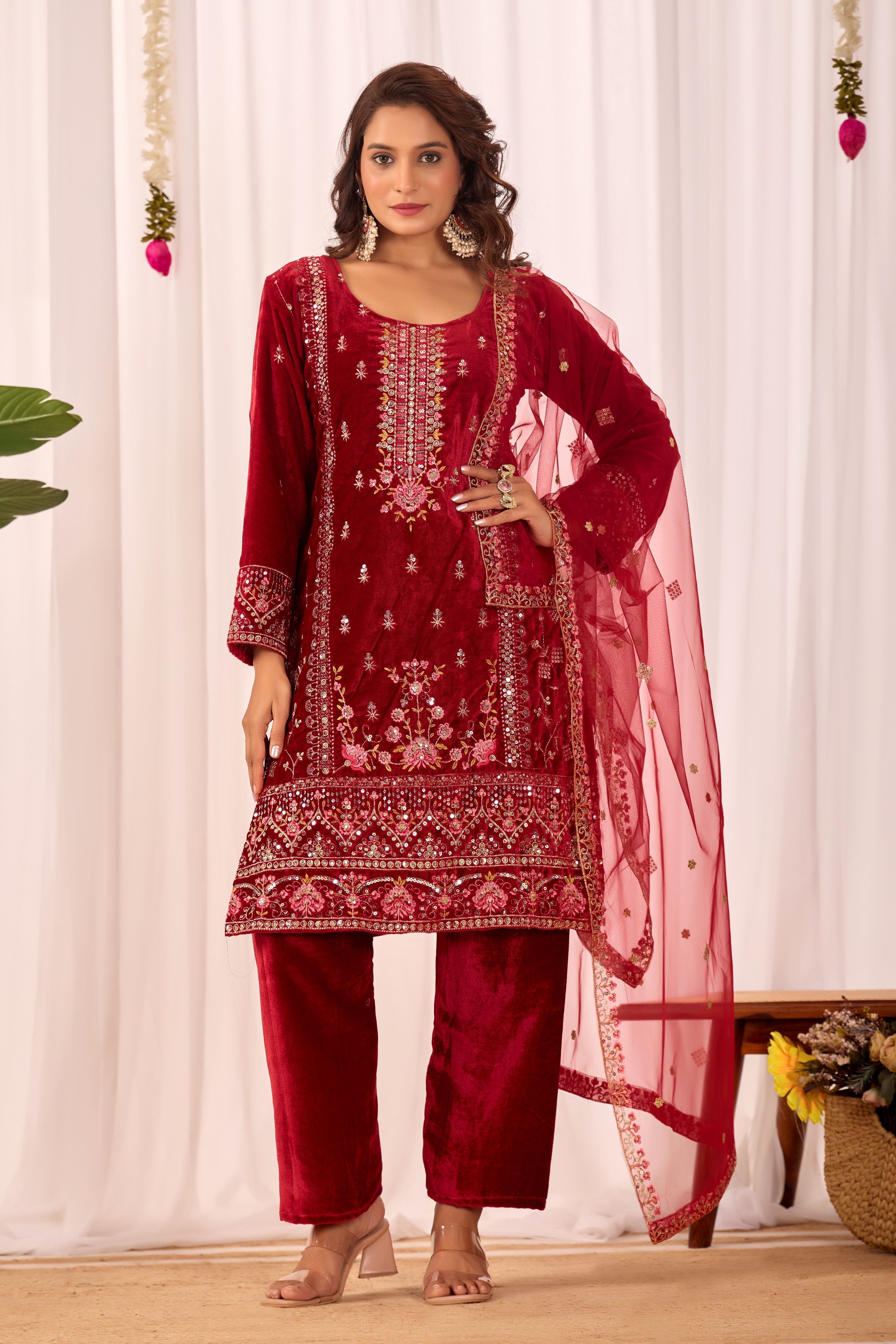 Designer Velvet Sequence Embroidery Work Suit Set with Pant and Dupatta