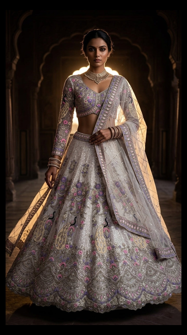 Regal Silver Embroidered Lehenga with Intricate Paisley Elegance