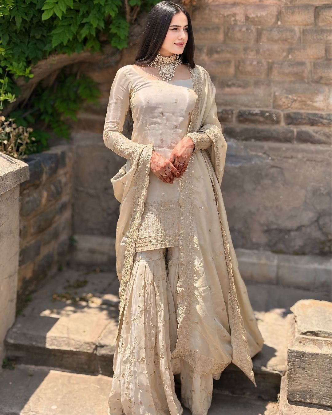 Delightful White Color Georgette Embroidery Work Sharara Suit