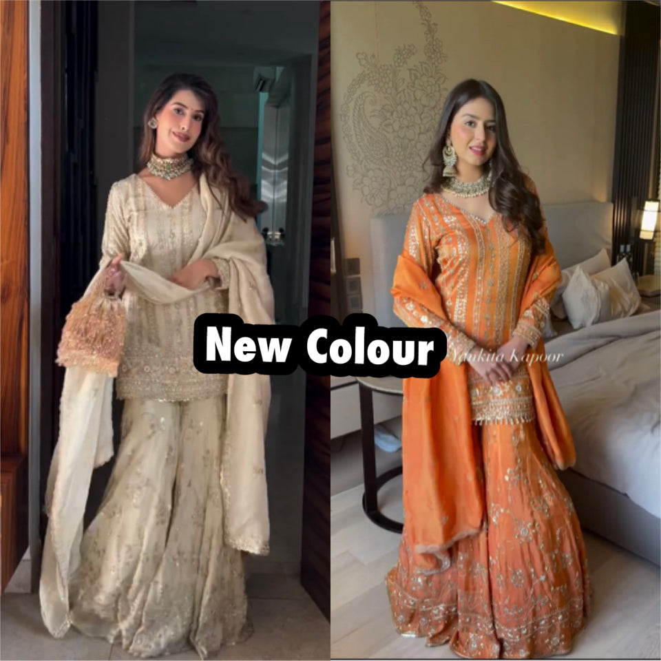 Designer Faux Georgette Top, Palazzo and Dupatta Set with Heavy Embroidery Sequin Work