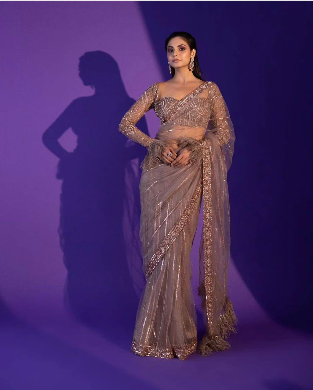 Net Saree with Sequins, Dori & Zari Work and Jhalar Border
