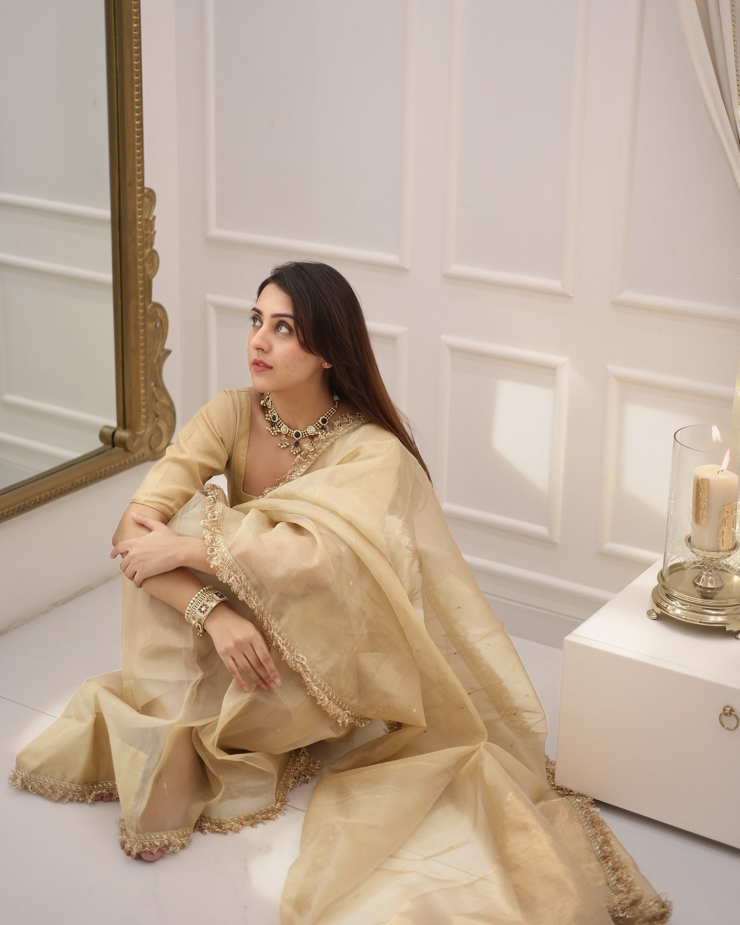 Beige Gold Fendy Silk With Far Border Saree