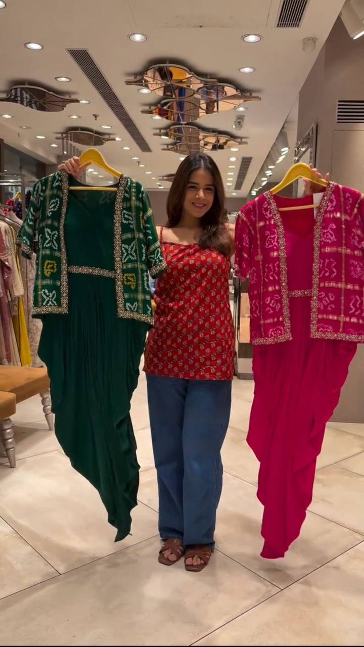 Exclusive One Piece Cowl Dress with Shrug – Printed Chinon & Sequin Work