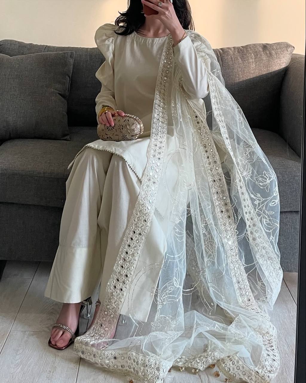 Glamorous Party Wear 3-Piece Set – Crepe Silk Top & Farshi Salwar