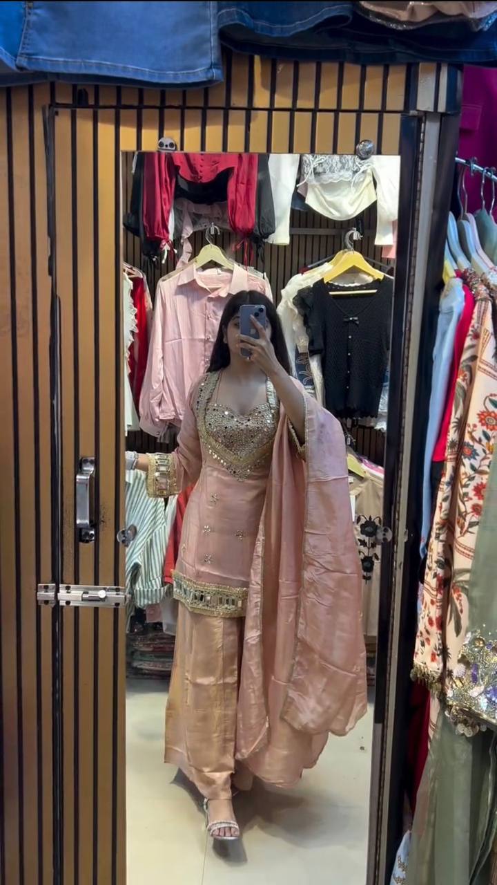 Exclusive 4-Piece Palazzo Set with Real Mirror & Embroidery Work