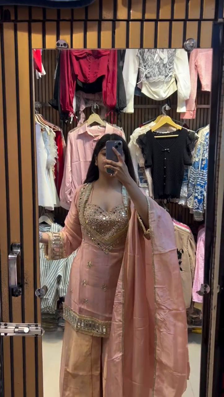 Exclusive 4-Piece Palazzo Set with Real Mirror & Embroidery Work