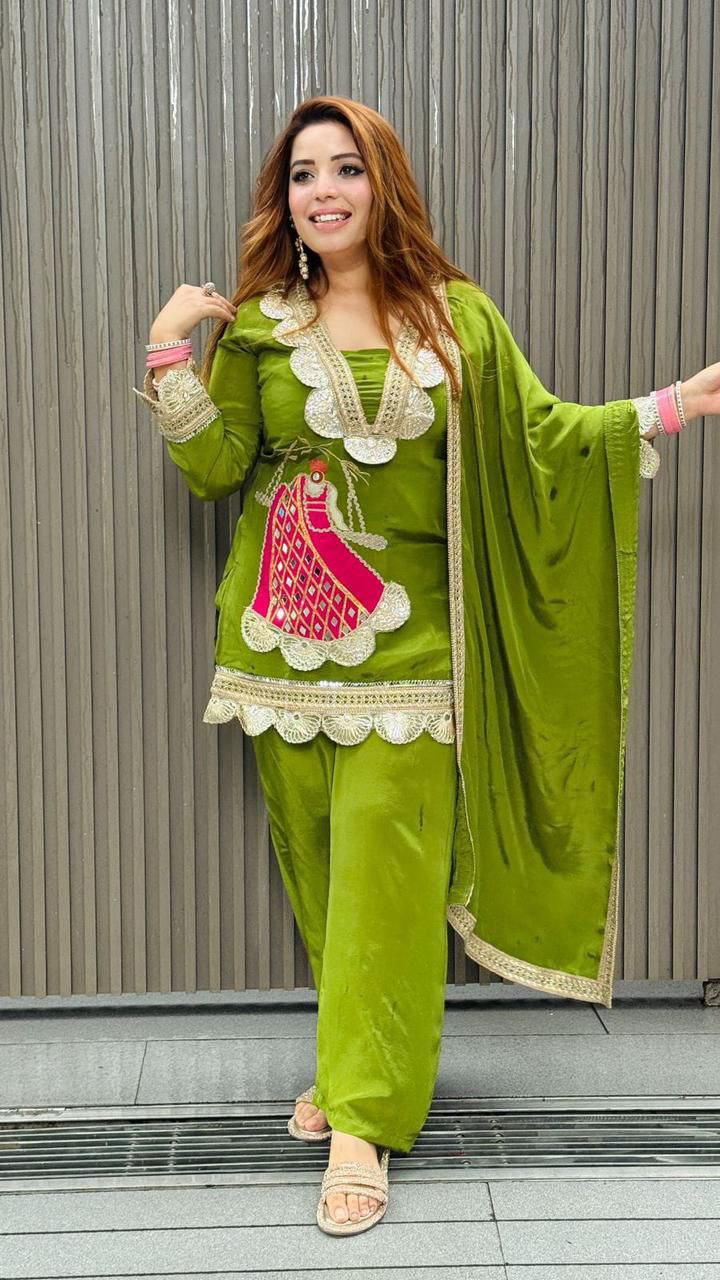 Party Wear Crepe Embroidered Top, Sharara & Dupatta Set