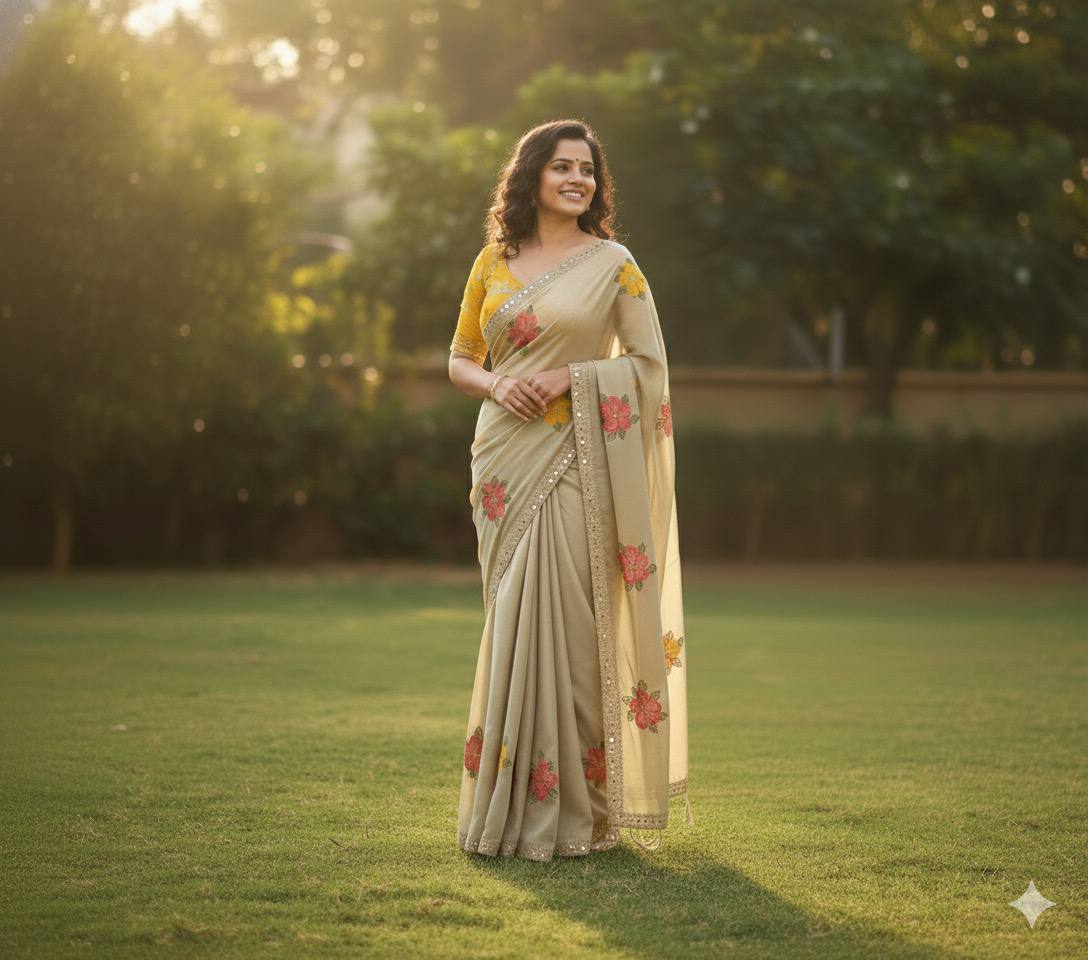 Ishika Designer Viscose Rangoli Saree with Floral Embroidery and Real Mirror Work by AG Export