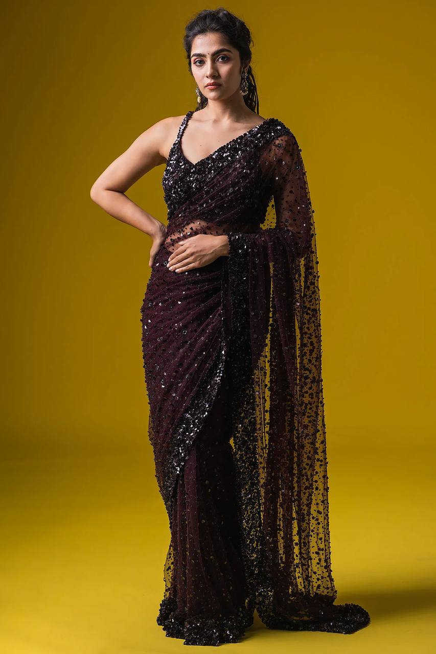 Net Saree with Hologram Sequin Work and Banglori Silk Blouse – Party & Reception Ready