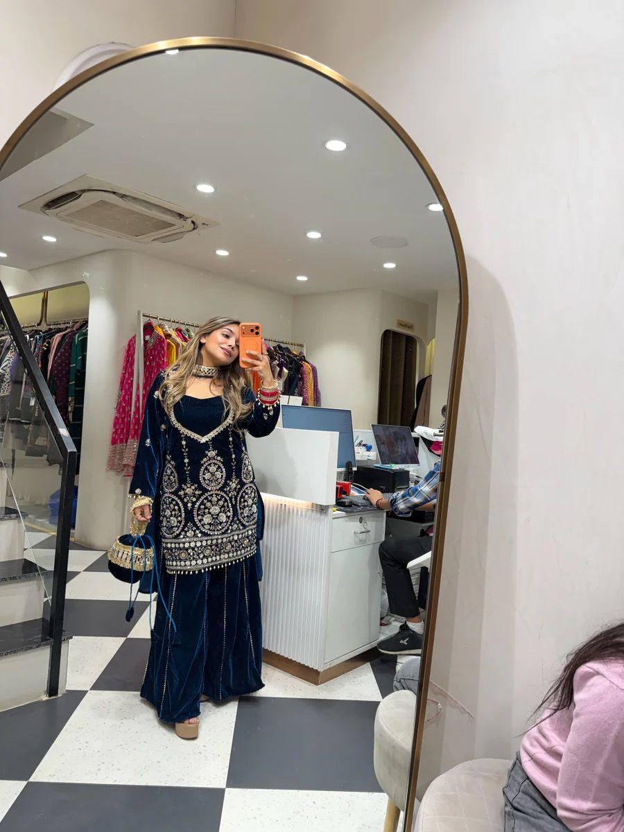 Velvet Kali Top, Palazzo and Dupatta Set with Sequin Embroidery Work – Winter Collection 2025