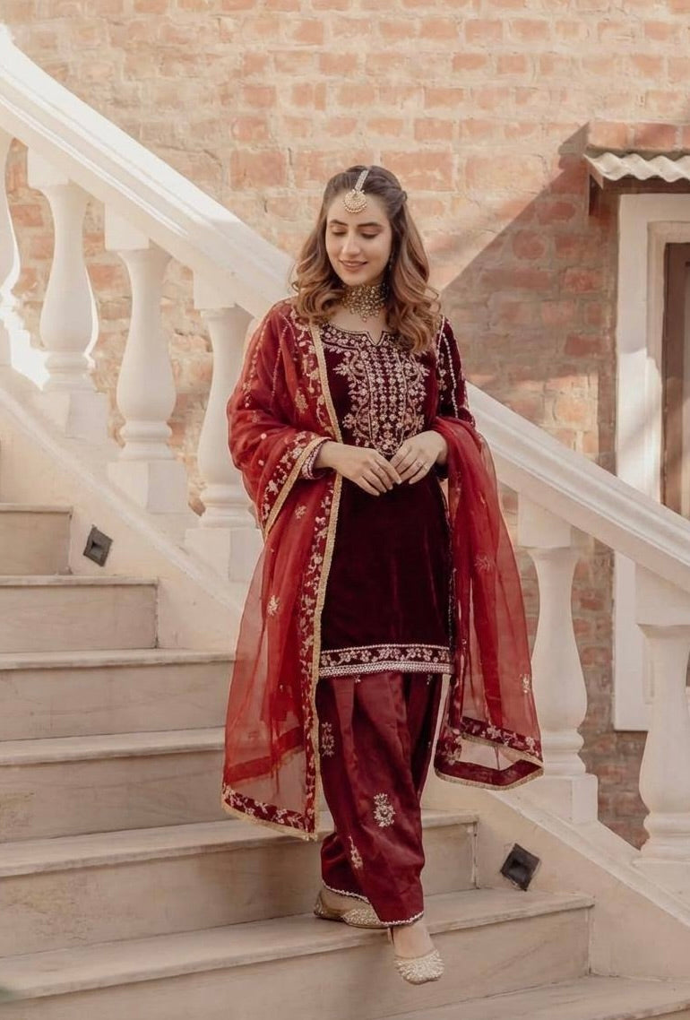 Velvet Kurta Salwar Set with Organza Dupatta and Sequin Embroidery Work