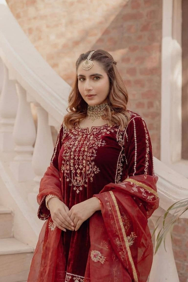 Velvet Kurta Salwar Set with Organza Dupatta and Sequin Embroidery Work