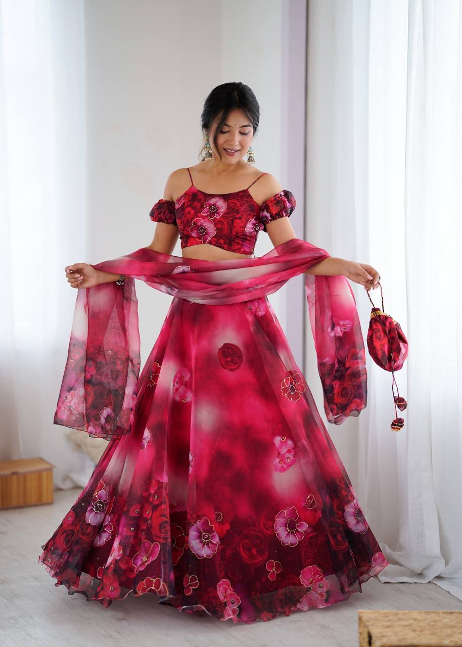 Elegant Organza Lehenga Set with Digital Print & Zari Work