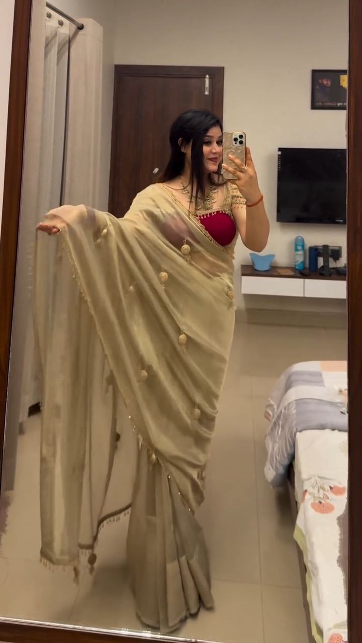 Pure Satin Silk Party Wear Saree with Handmade Lace Work & Designer Pallu Latkan