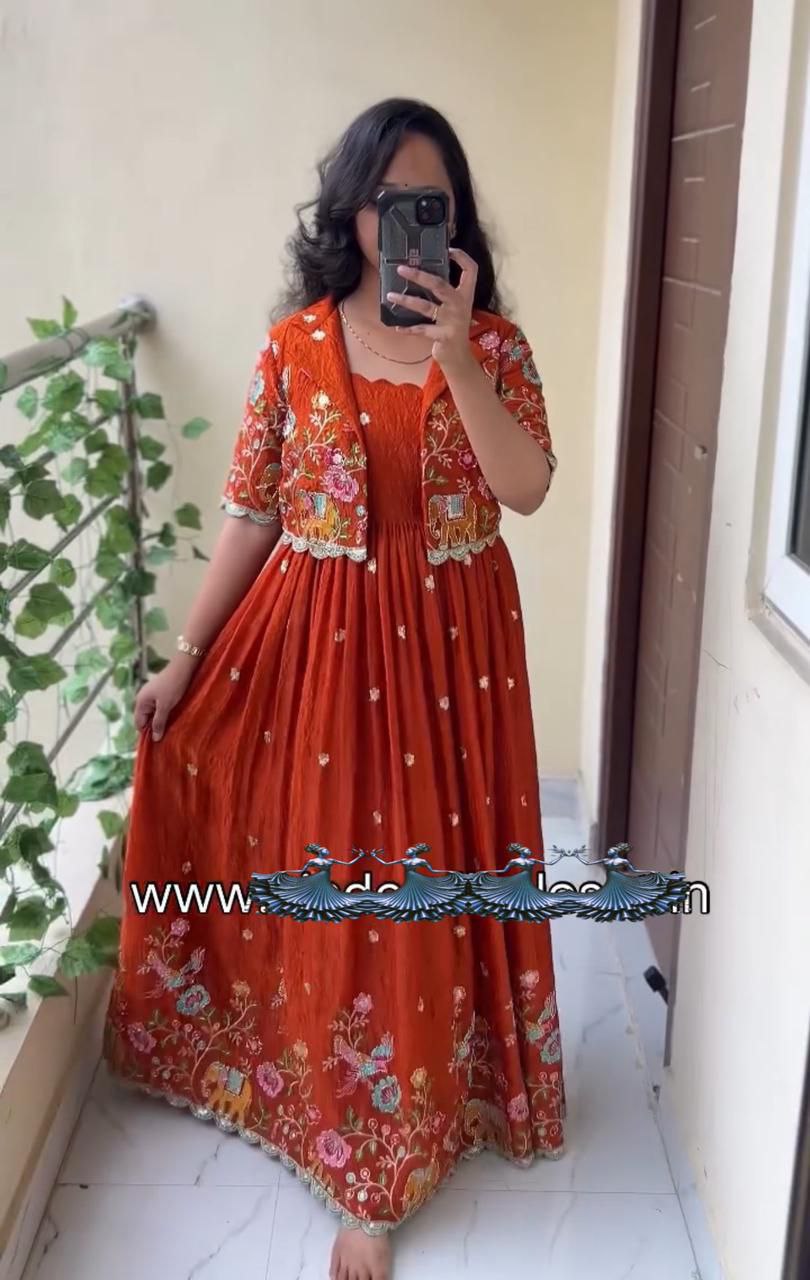 New Super Trending Embroidery Sequence work gown with koti