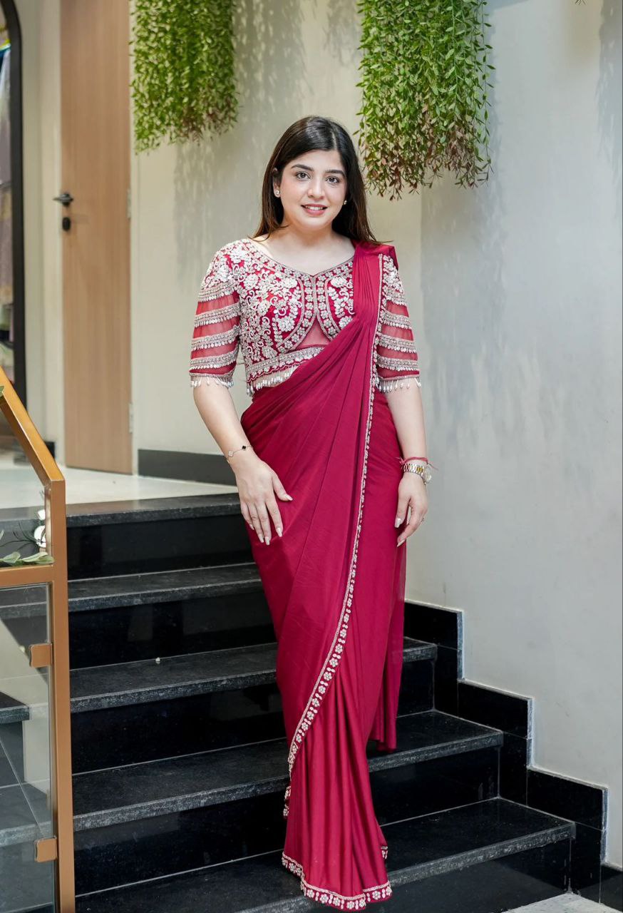 New Super Trending Embroidery Sequence work ready to wear saree with Embroidery Blouse