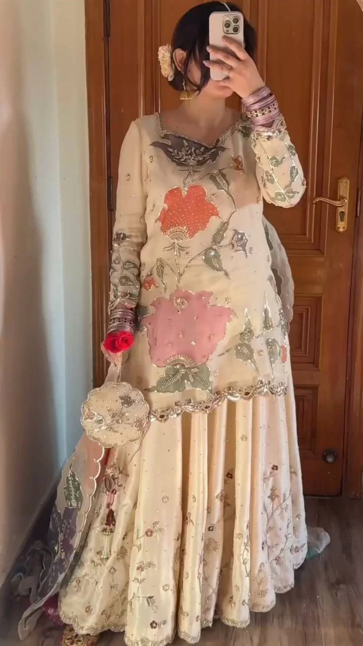 EXCLUSIVE DESIGNER HEAVY CHINON SEQUENCE EMBROIDERY WORK SUIT WITH FULL FLAIR GHARARA